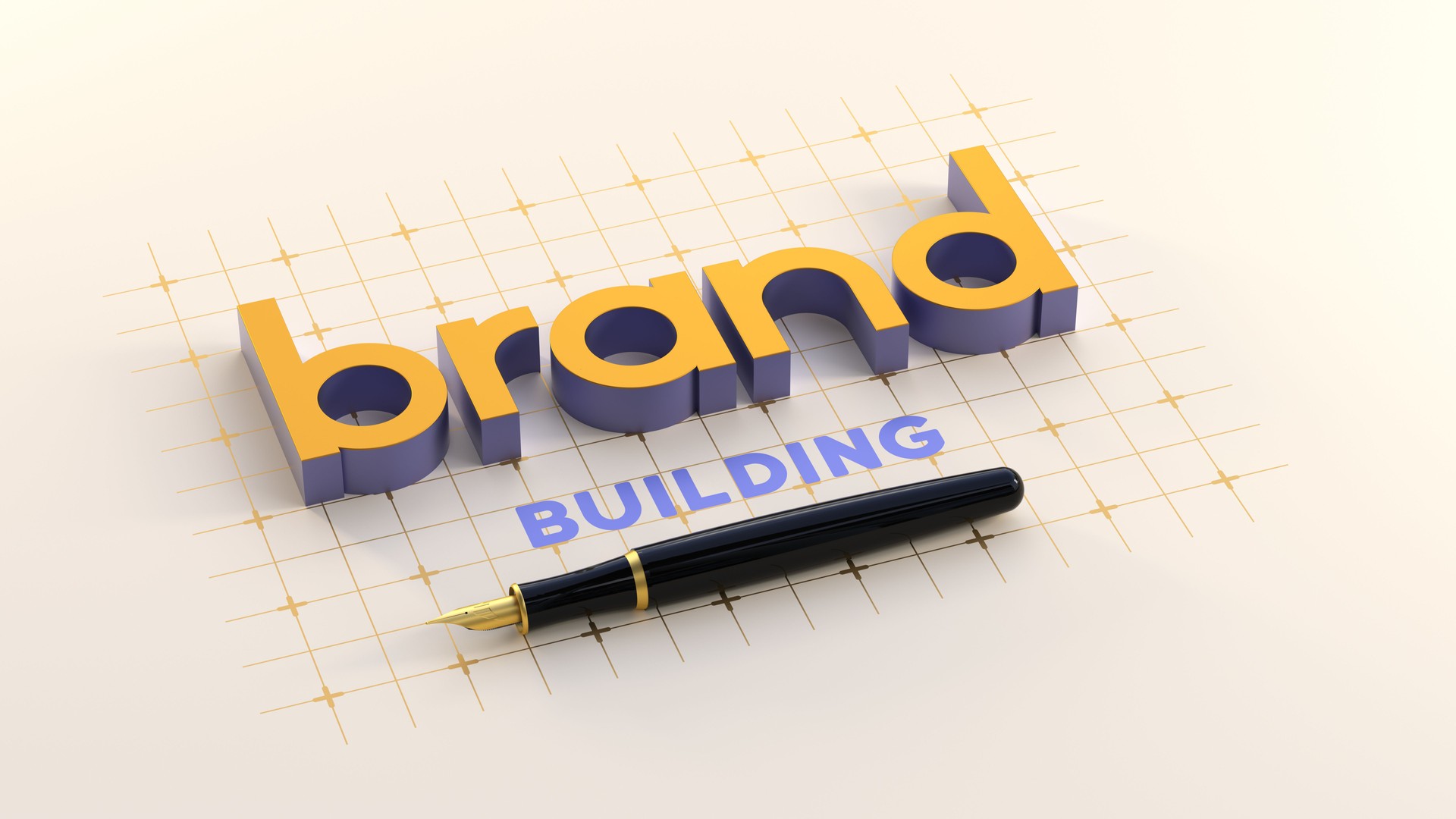 "Brand" and "Building" Written on Technical Drawing Paper with 3D Thickness Given to "Brand" and Fountain Pen. Build Brand Concept. 3D Render.